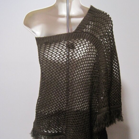 Zinc Women's Large Brown Crossover Shawl Sweater Wraps Knit Poncho Fringe Trim - Picture 4 of 7